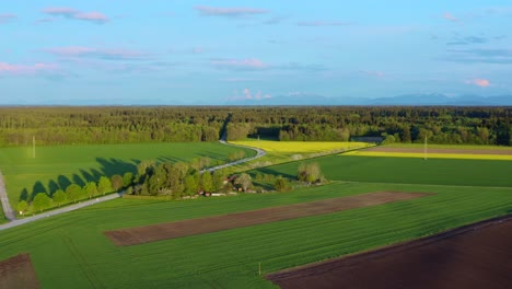 Vívida-Vista-Aérea-Del-Paisaje-Primaveral-Sobre-Un-Bosque-Y-Campos-Mientras-Un-Camión-Pasa-Rápido-Por-La-Carretera