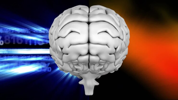 Animation of the brain against a binary codes and light effects