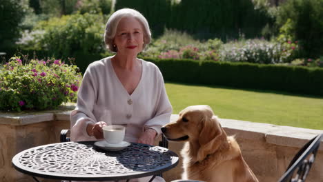 a senior woman and her golden retriever enjoying tea on a sunny garden patio