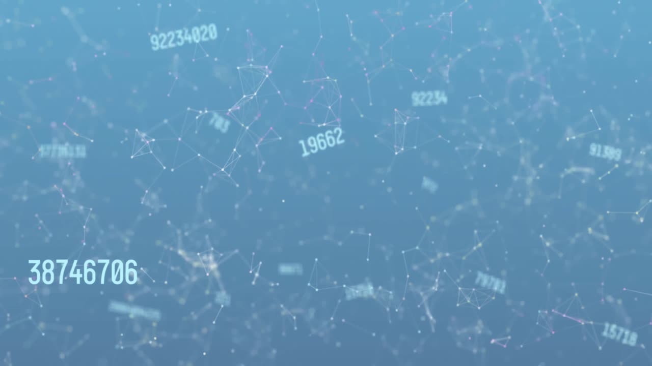 Animation of numbers changing over white networks of connections on blue background