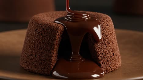 decadent chocolate lava cake: a rich, gooey indulgence with melted chocolate flowing silently from a soft, spongy shell on a simple wooden plate
