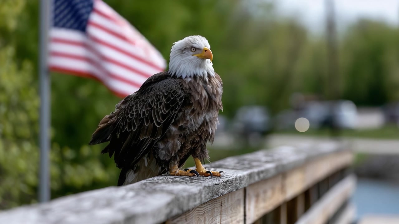 Maestosa aquila calva appollaiata su una barriera di legno con bandiere americane sullo sfondo, che mostra le sue magnifiche piume e la sua sorprendente presenza in natura.