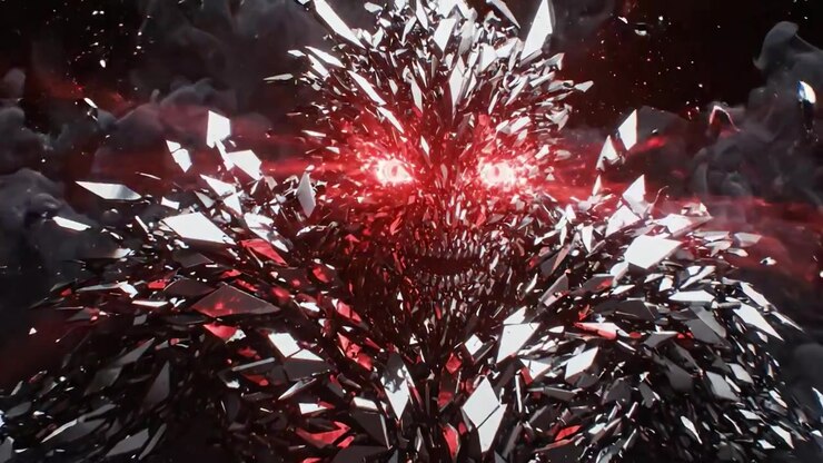A mesmerizing transformation of an abstract figure with intense red eyes emerges from a swirling mass of dark and reflective shards, captivating viewers with its dynamic presence.