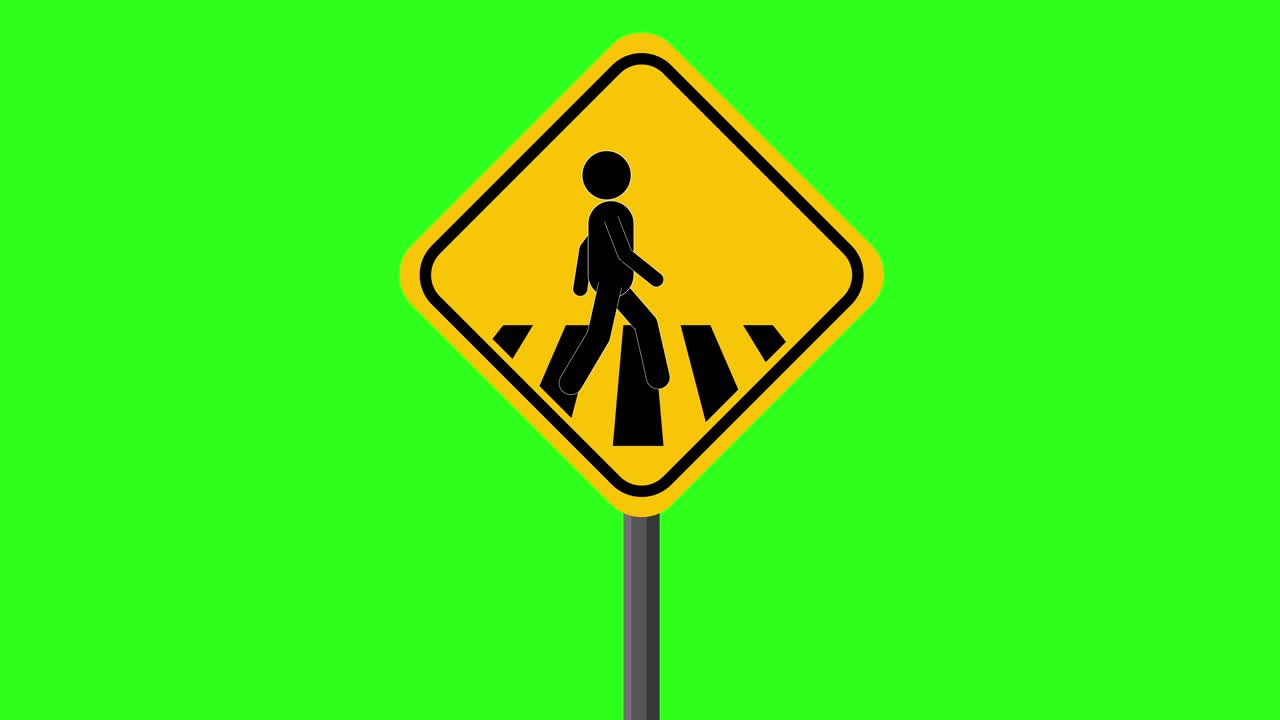 Yellow pedestrian crossing warning sign animates on bright green chroma key background, simple flat style