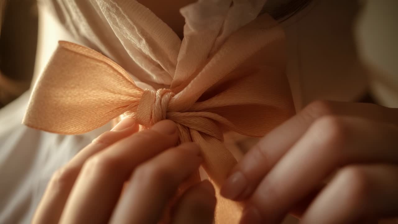 Starting close view in room woman's ring glinting hand threading peach ribbon tying bow at collar