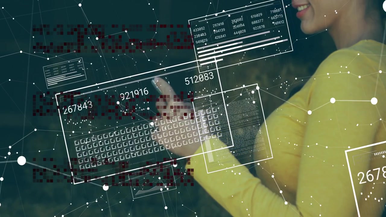 Woman tapping phone, starting AR HUD and keyboard overlay tracking hands, updating numbers for tech