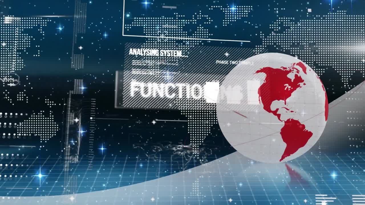 다중 텍스트, 지도 및 회전 지구의 애니메이션, 그래프 및 컴퓨터 언어