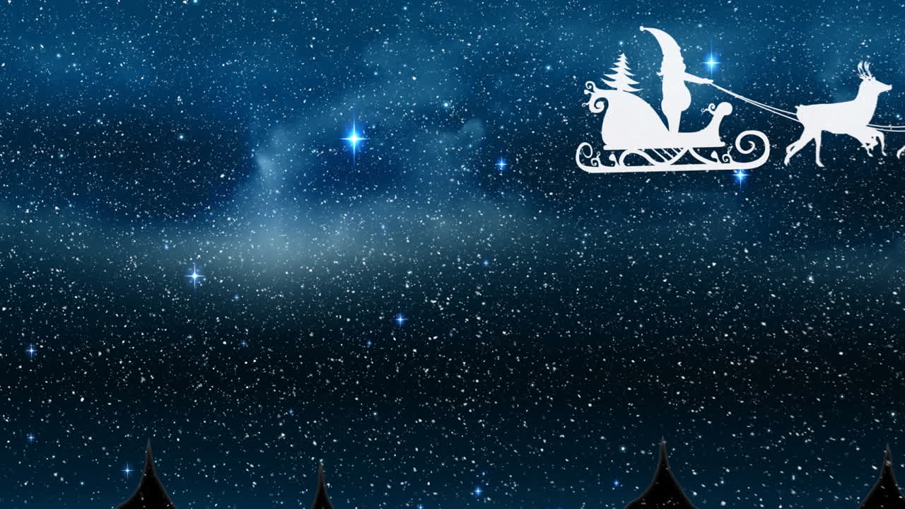 Animazione di neve che cade su Babbo Natale in slitta con renne nel cielo.