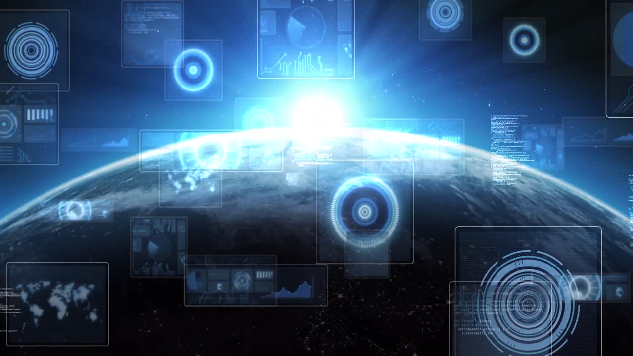 빛나는 지평선과 함께 지구상의 화면에서 스캔 및 데이터 처리 스 ⁇ 의 애니메이션