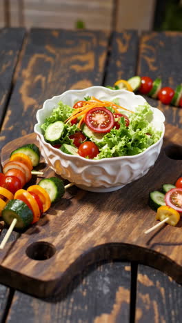 fresh vegetable salad and skewers