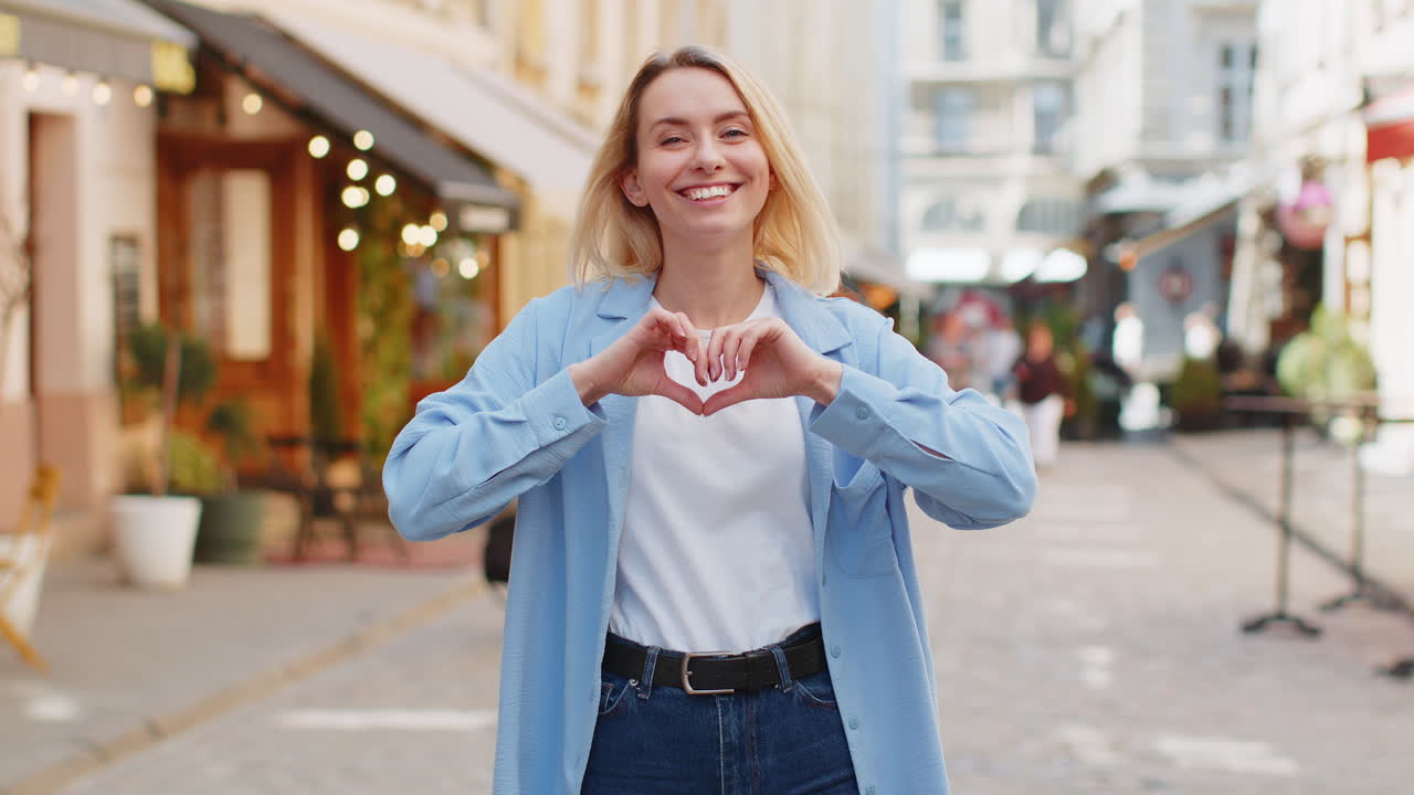Woman makes symbol of love showing heart sign to camera charity gratitude donation positive feelings