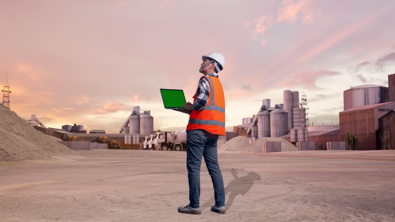 Ganzkörper-Rückenansicht eines asiatischen Ingenieurs mit Schutzhelm, der an einem Laptop mit Greenscreen arbeitet und sich umschaut, während er bei Sonnenuntergang in einem industriellen Zementwerk mit Mischfahrzeugen steht