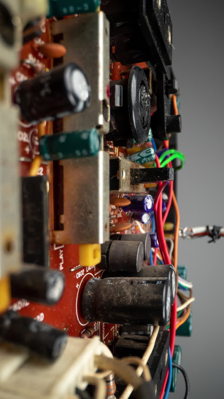 A macro shot of a circuit board in vertical