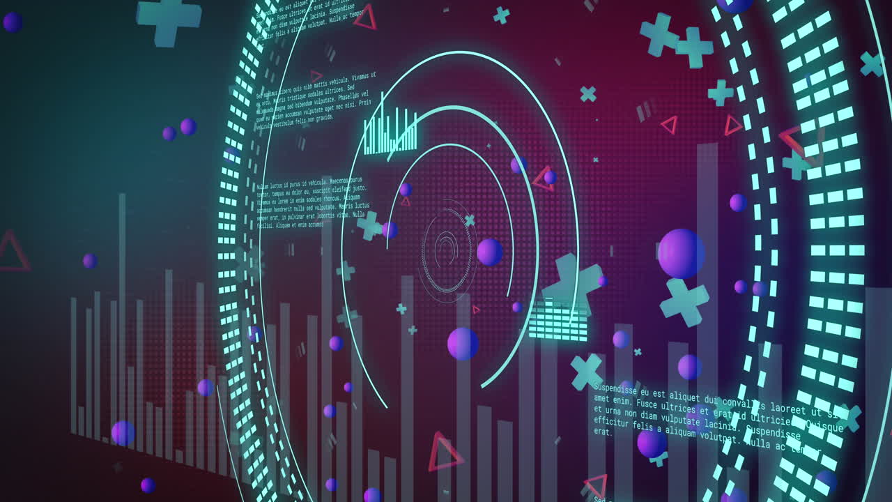Animation of blue scope and 3d shapes over data processing on dark background