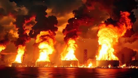 a large group of oil tanks on fire in the middle of the ocean