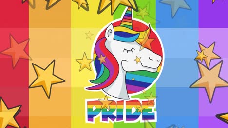 Animation-of-stars-over-pride-text-on-rainbow-background