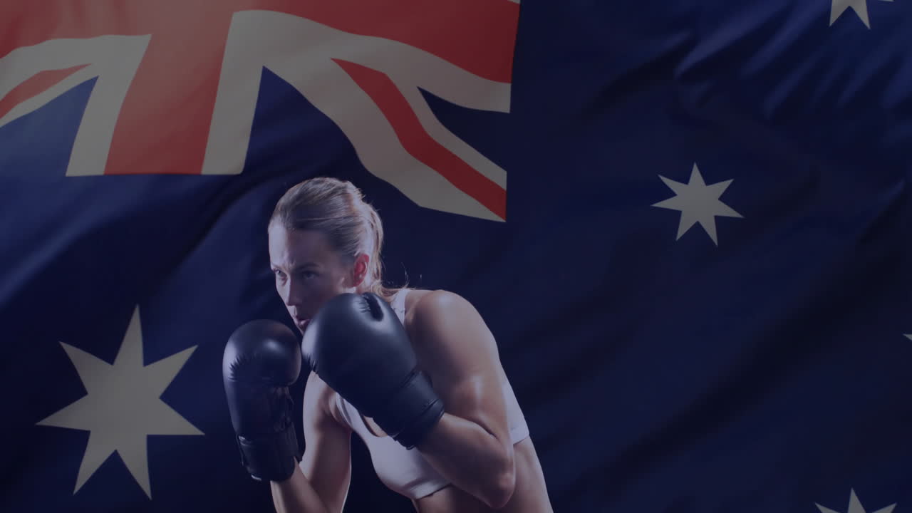 animación de la bandera de australia sobre la boxeadora caucásica