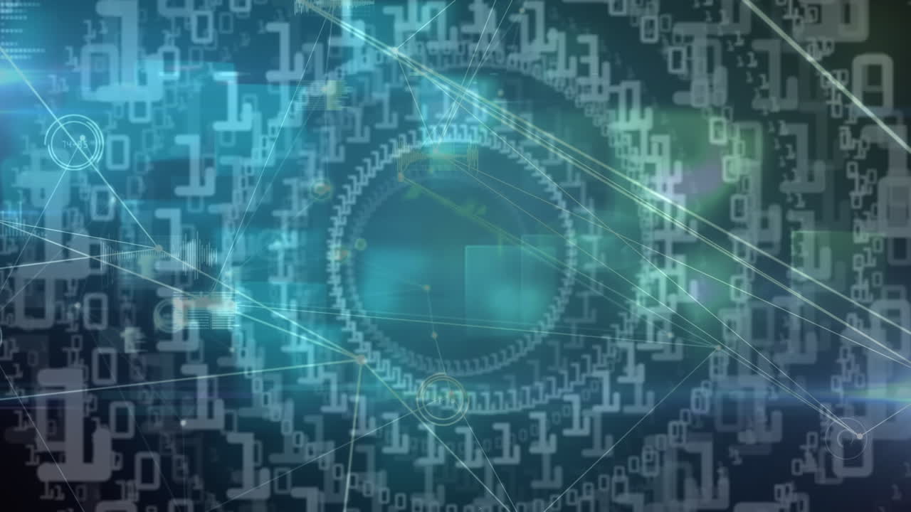 Animation of network of connections with data processing on black background