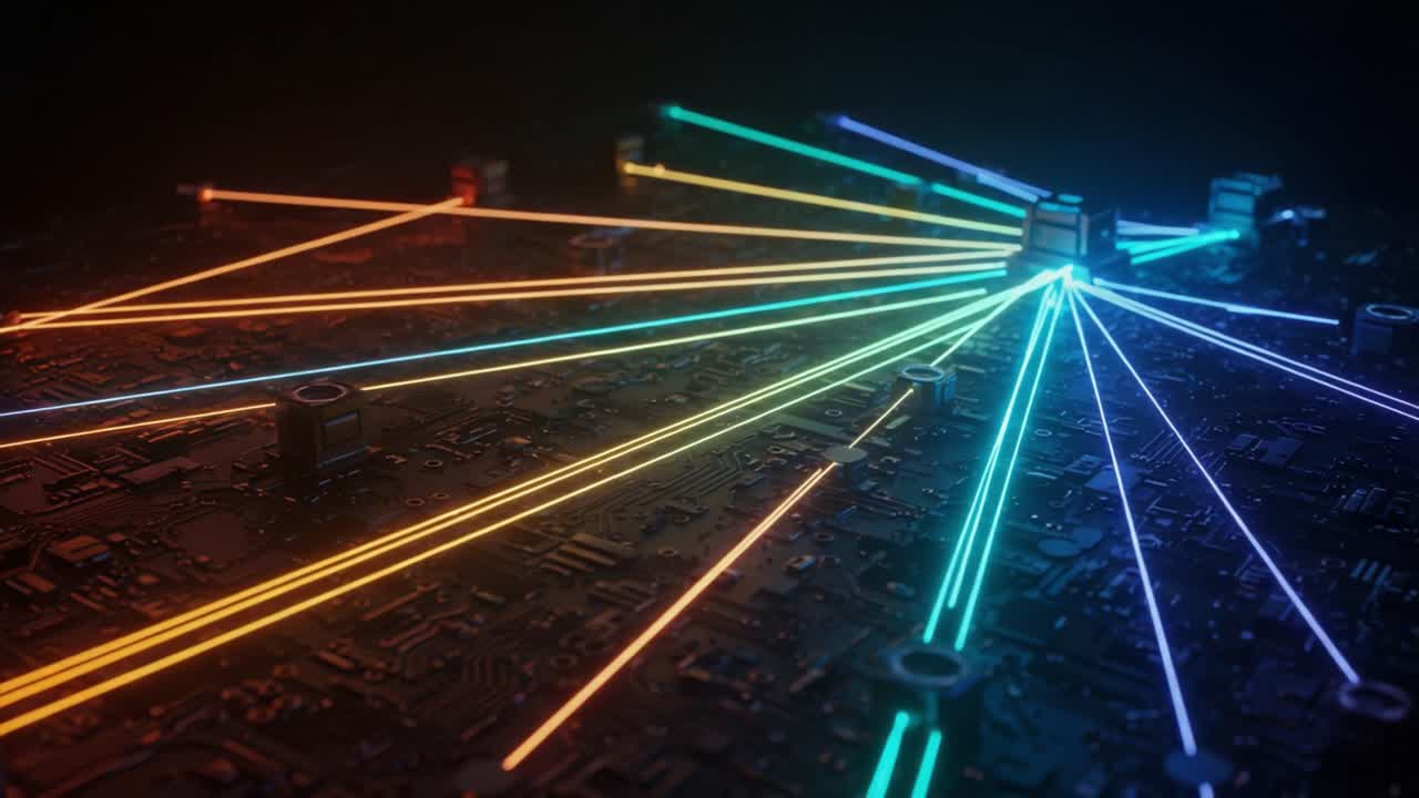 A Futuristic Circuit Board with Colorful Light Connections Emphasizing Data Flow and Technological Advancement in a Vibrant Digital Landscape