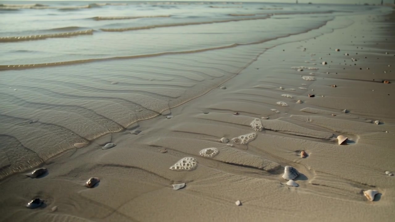 Incoming wavelets advancing and receding, carving ripple channels on wet sand at low tide, shells