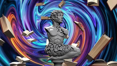 estatuas rotas y libros flotantes en un torbellino abstracto
