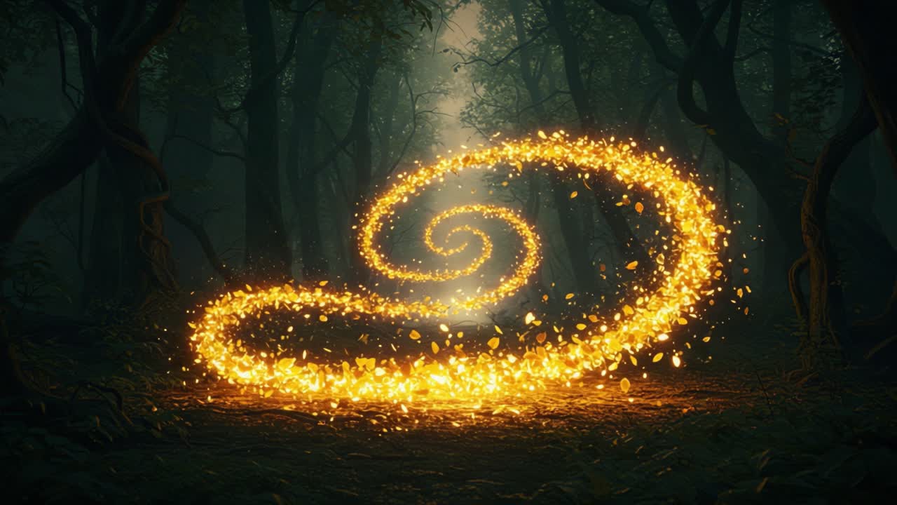 A mesmerizing swirl of golden light sparkles and dances in a mysterious forest, creating an enchanting atmosphere filled with magic and wonder