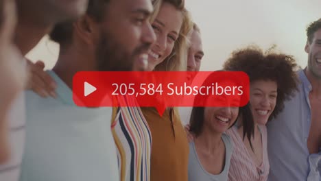 animation of speech bubble over subscribers text and numbers over friends on beach