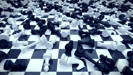 dead chess pieces looping 3d animation, camera moving left