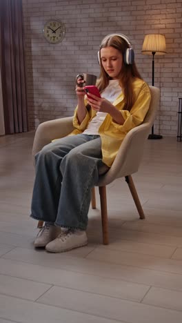 teenage girl relaxing at home with headphones and phone