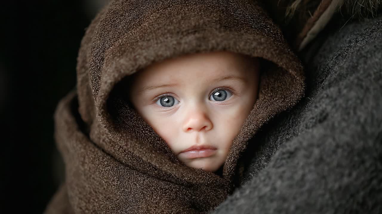 Capturing the Unforgettable Innocence: A Close-Up of a Child Wrapped in a Soft Brown Hooded Blanket, Reflecting Depth and Wonder in Their Expressive Eyes
