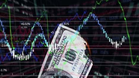 Animation-of-a-burning-American-dollar-banknote-over-stock-market-display-in-the-background