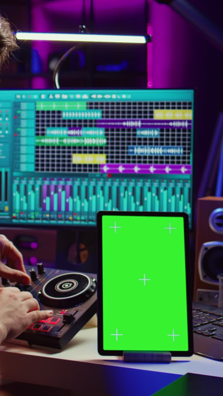 Music Producer Using DJ Mixer and Green Screen Tablet in Studio