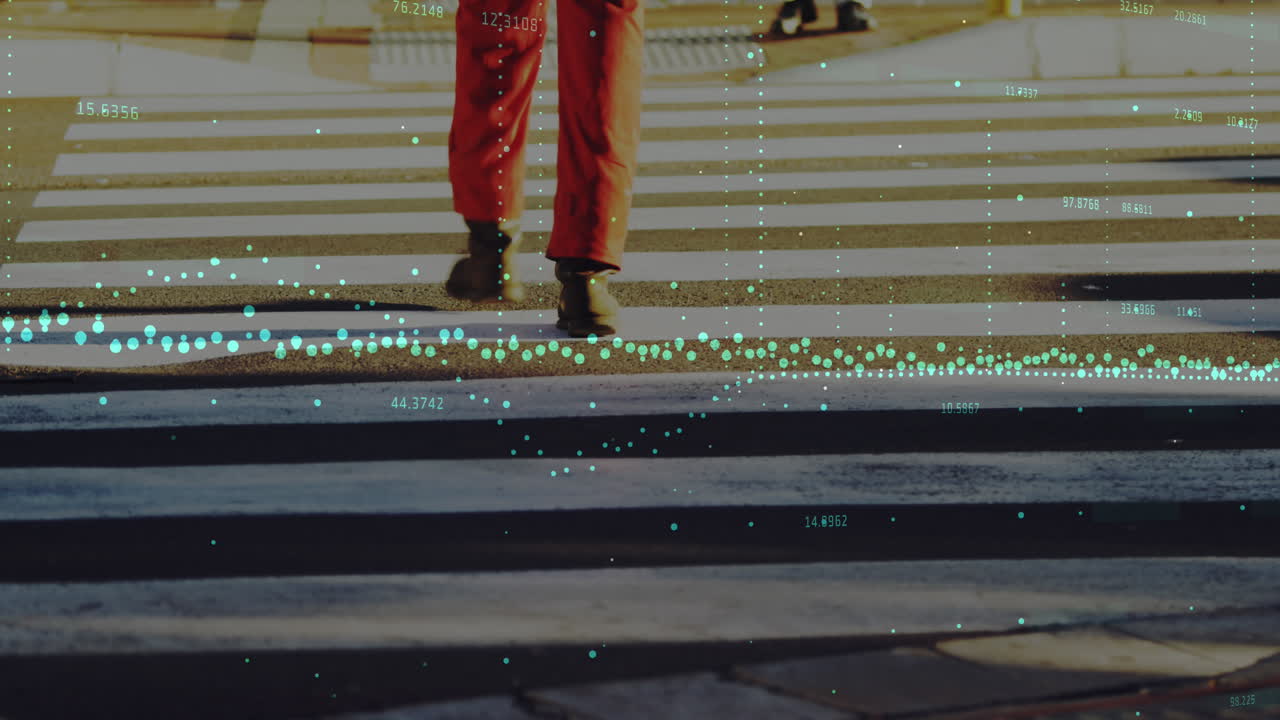 Animation of data processing against low section of a man crossing the street