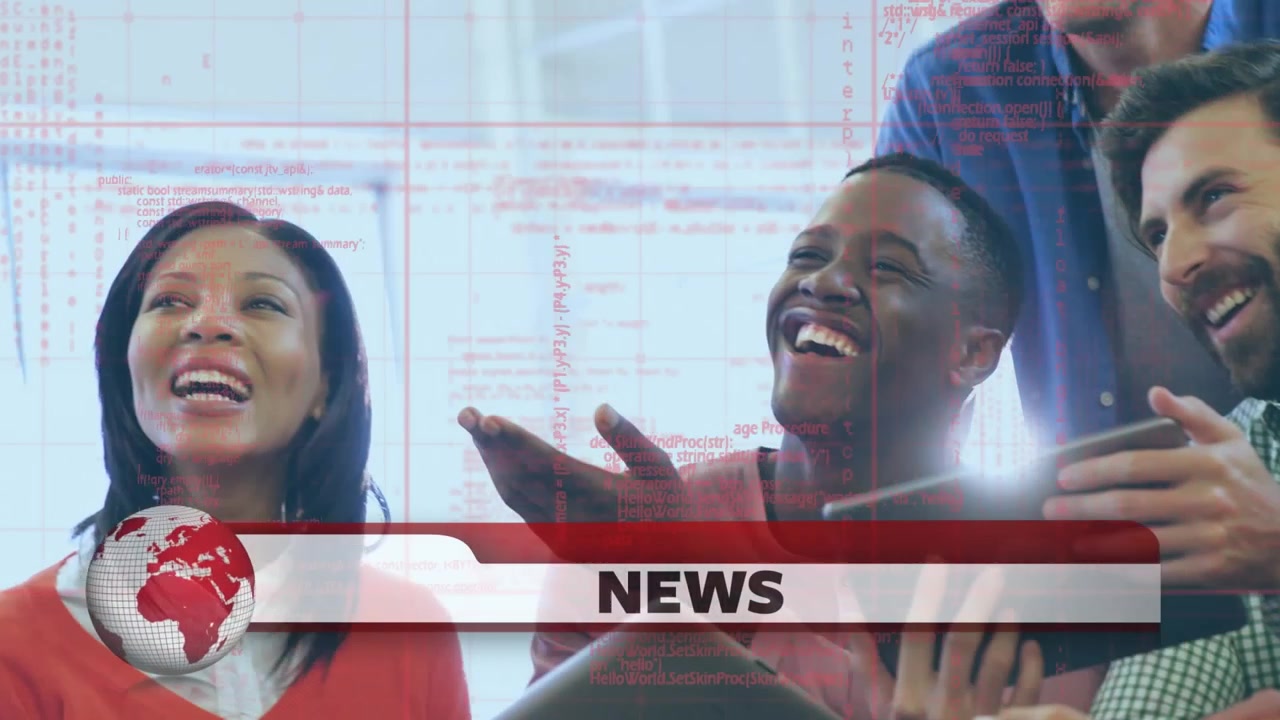 Animation of fake news text, globe, computer language, diverse coworkers talking with businesswoman
