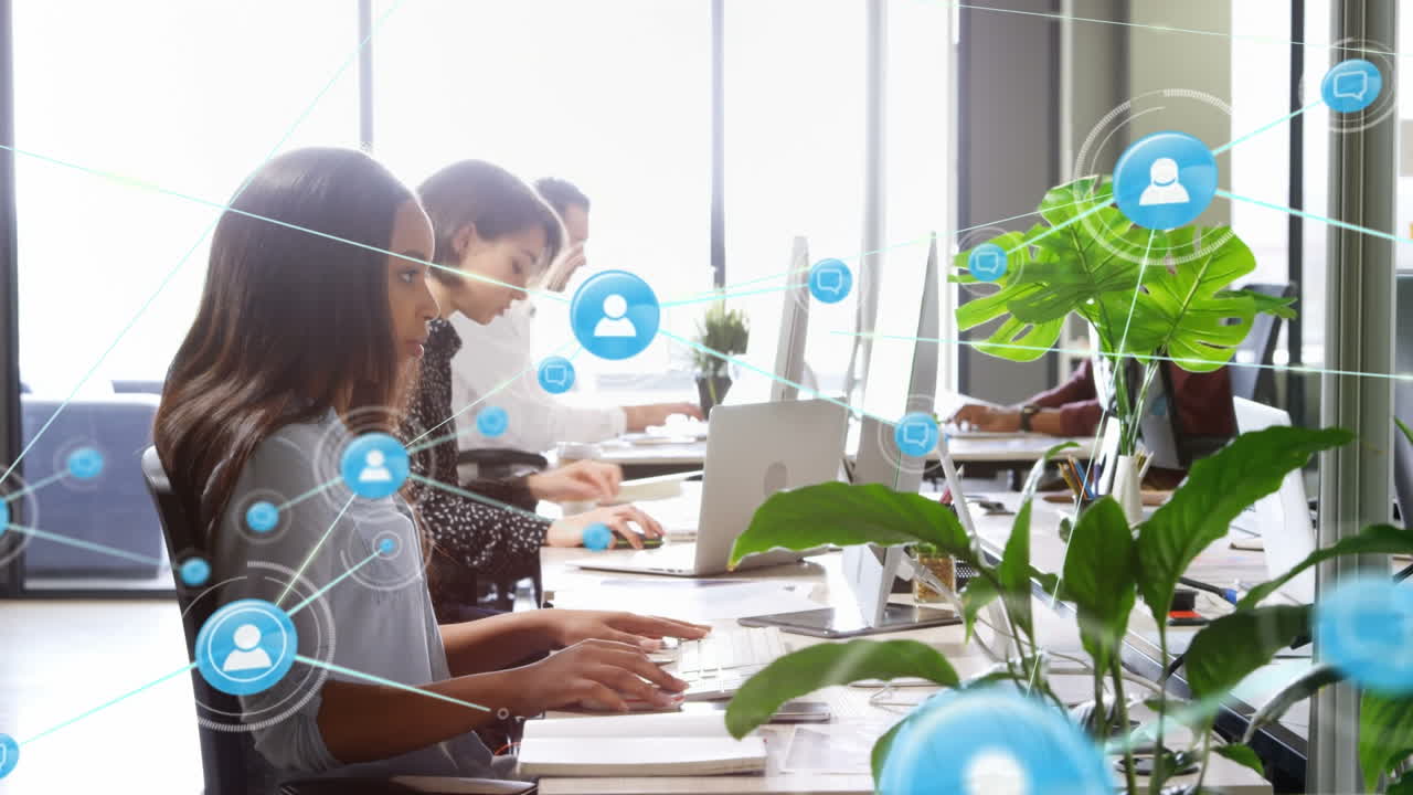 オフィスのさまざまなビジネスマンのアイコンとの接続ネットワークのアニメーション