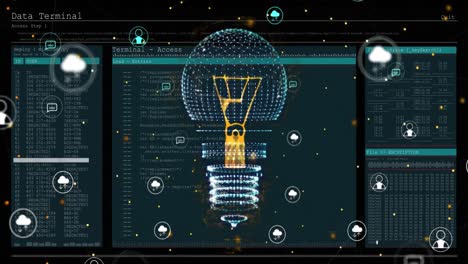 Animation-of-light-bulb,-connections-with-cloud-icons-and-data-processing