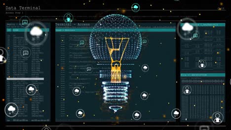 animación de la bombilla, conexiones con iconos de nube y procesamiento de datos