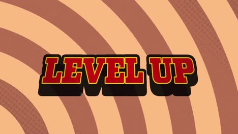 animation of level up text over a retro speech bubble against brown radial background