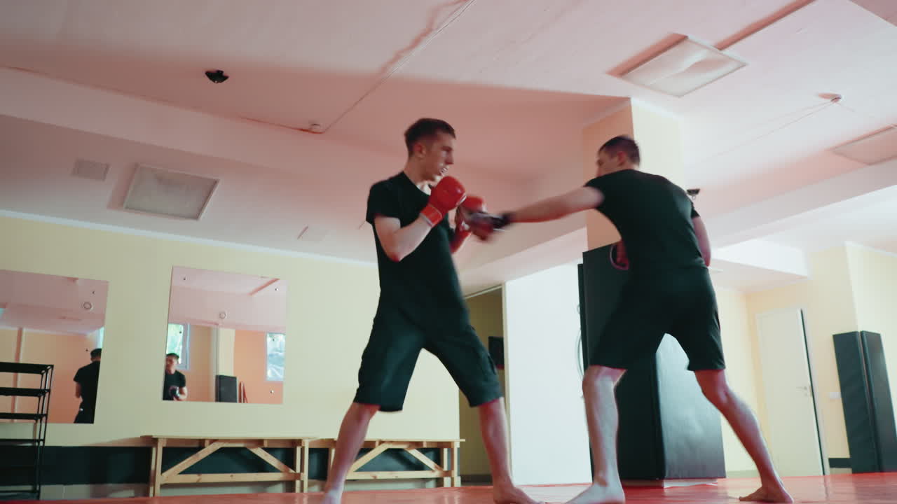 Karate practitioners sparring inside dojo, wearing gloves, facing each other in fighting stance on red mat, demonstrating focus, combat training intensity during practice session
