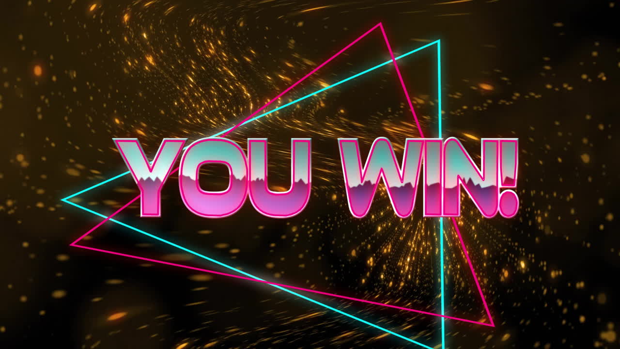 Animation of You Win! text with neon triangles on sparkling golden background
