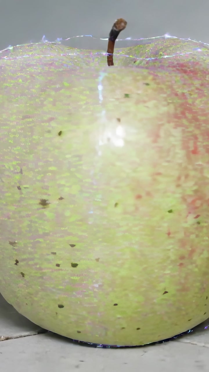Vertical video: Glowing ring tracing apple with stem on tiled table, causing skin shifting to green