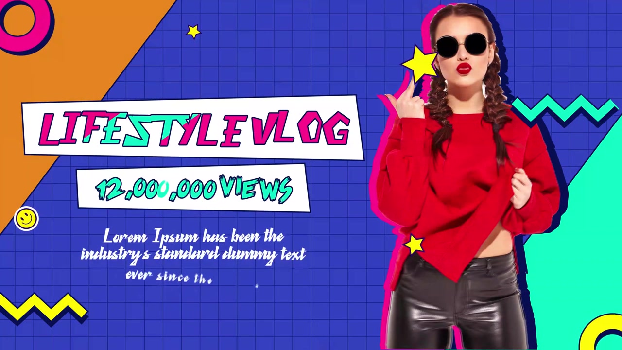 Stilfuld kvinde poserer i retro 80'er grafik: Livsstils-vlog-intro
