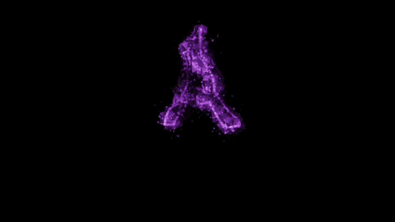 Lettera A con particelle viola luminose su sfondo trasparente