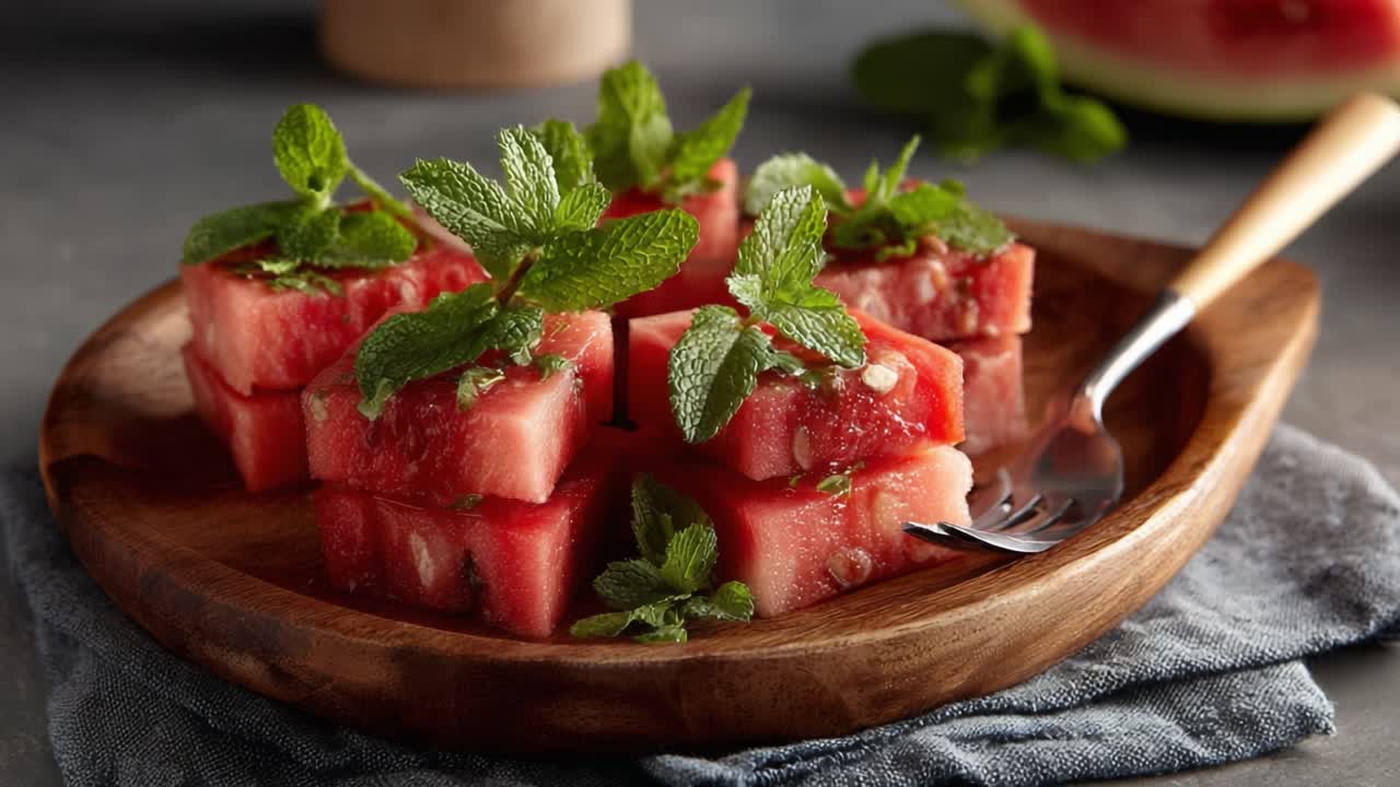 Tampilan menyegarkan dari potongan semangka yang dihiasi dengan daun mint segar, cocok untuk acara musim panas dan pilihan camilan sehat