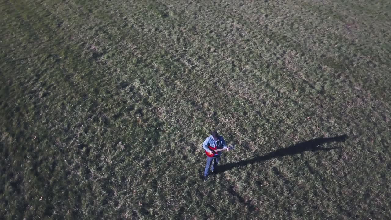 Musician playing guitar in a field