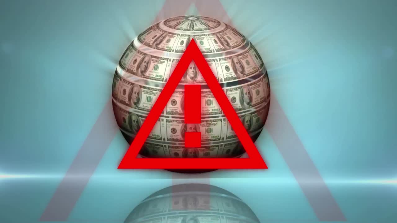 animación de un cartel de advertencia rojo sobre un globo hecho de billetes de dólar estadounidense girando.