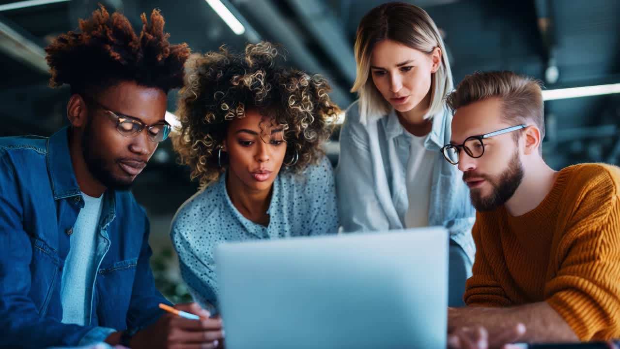 A Collaborative Team Evaluates Ideas and Strategies Over a Laptop in a Creative Workspace, Sharing Insights and Engaging in Dynamic Discussion Among Friends