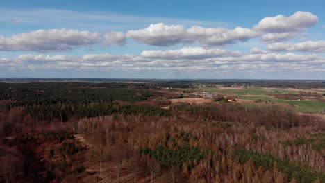 Drones-Recorre-Espesos-Bosques-Y-Tierras-De-Cultivo-En-El-Campo-Bajo-Esponjosas-Nubes-Blancas