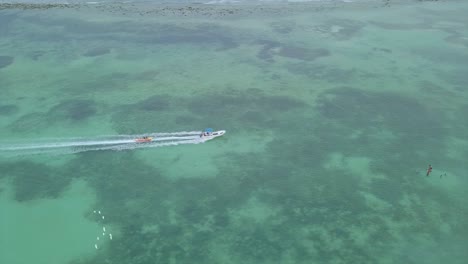 Antenne-über-Touristen,-Die-Ein-Bananenboot-Im-Strandviertel-Boca-Chica-In-Der-Dominikanischen-Republik-Fahren-1