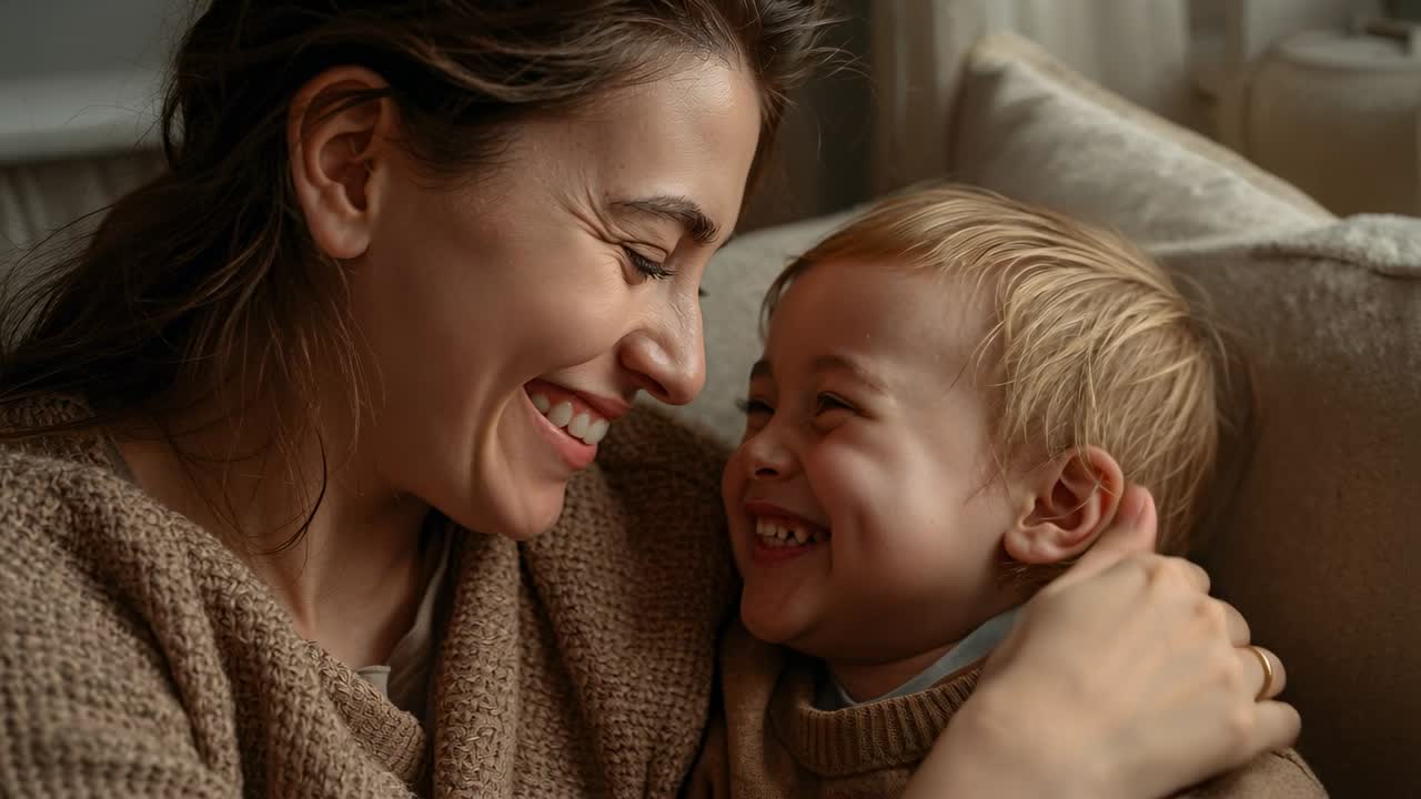 Leaning mother touching toddler's head, toddler smiling and reaching, bonding on couch in sweaters